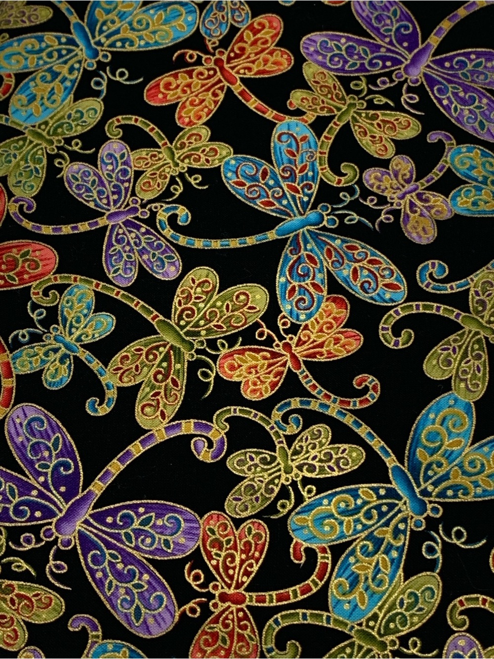 Blank Quilting Metallic Dragonfly Cotton Fabric Remnant Quilt Scrap Black, Teal